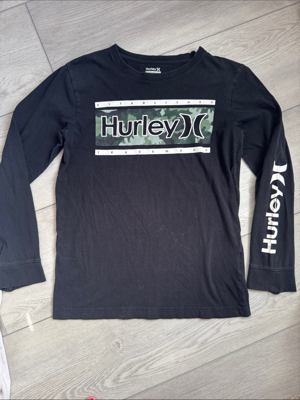 Hurley Black Long-Sleeve Tee with Green Camo Logo Panel